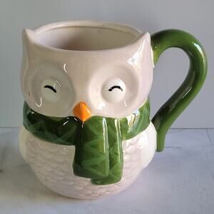 BOSTON WAREHOUSE White Snow Owl Green Scarf Large Ceramic Coffee Mug Farmhouse